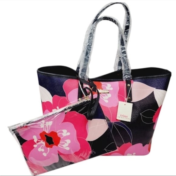 Trina Turk Handbags - Trina Turk Black and Pink Floral Tote with Pouch
